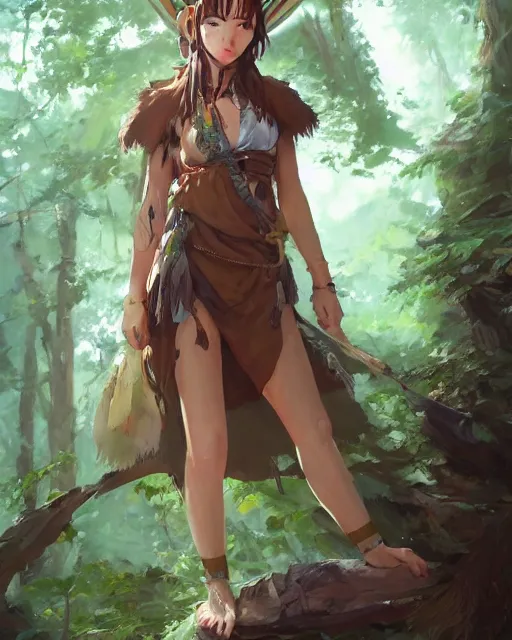 Prompt: a caucasian tribeswoman standing in the woods. By Makoto Shinkai, Stanley Artgerm Lau, WLOP, Rossdraws, James Jean, Andrei Riabovitchev, Marc Simonetti, krenz cushart, Sakimichan, D&D trending on ArtStation, digital art.