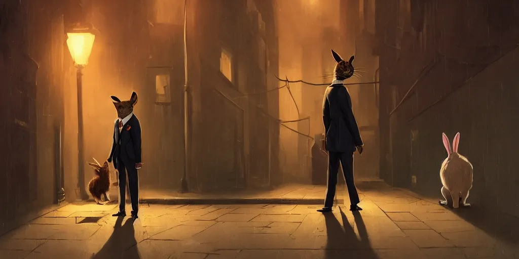 Image similar to rabbit wearing a tie is talking to a cat in a dark alley, warm color palette, night time, dramatic lighting, noir film, fine details, high contrast, blacksad, kim jung gi, greg rutkowski, trending on artstation, 8 k, front view, back view, ultra wide angle