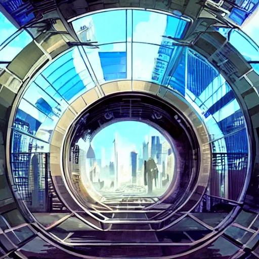 Image similar to centered circular derelict portal in a middle of a futuristic cityscape located under a bridgeway, world seen only through a portal, daylight, cinematic perspective, cinematic lighting, blue sky, syd mead, john harris, symmetrical