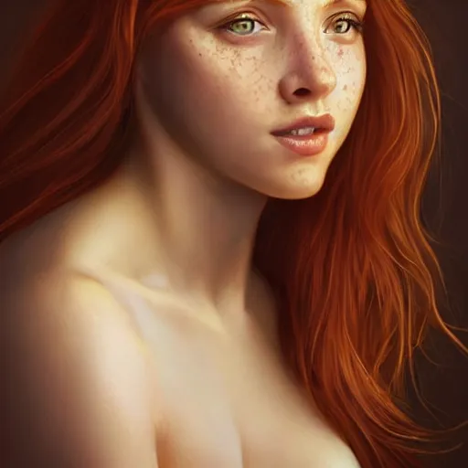 Image similar to a highly detailed, hyper realistic, red haired young woman, with long hair, green eyes, hint of freckles, gentle face, cheeky smile, among golden fireflies, deep focus, elegant, digital painting, smooth, sharp focus, golden ratio, illustration, ultra realistic, 8 k, art by artgerm and caravaggio