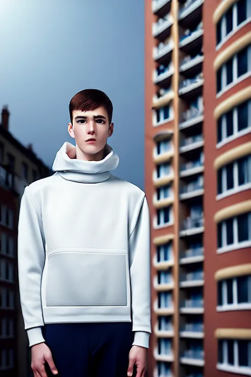 Image similar to un ultra high definition studio quality photographic art portrait of a young man standing on the rooftop of a british apartment building wearing soft padded silver pearlescent clothing. three point light. extremely detailed. golden ratio, ray tracing, volumetric light, shallow depth of field. set dressed.