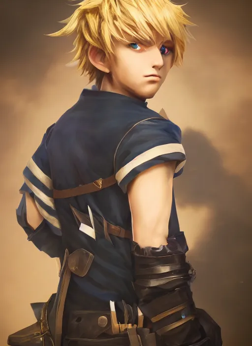 Image similar to An epic fantasy anime style portrait painting of a young blonde boy thief, unreal 5, DAZ, hyperrealistic, octane render, cosplay, RPG portrait, dynamic lighting