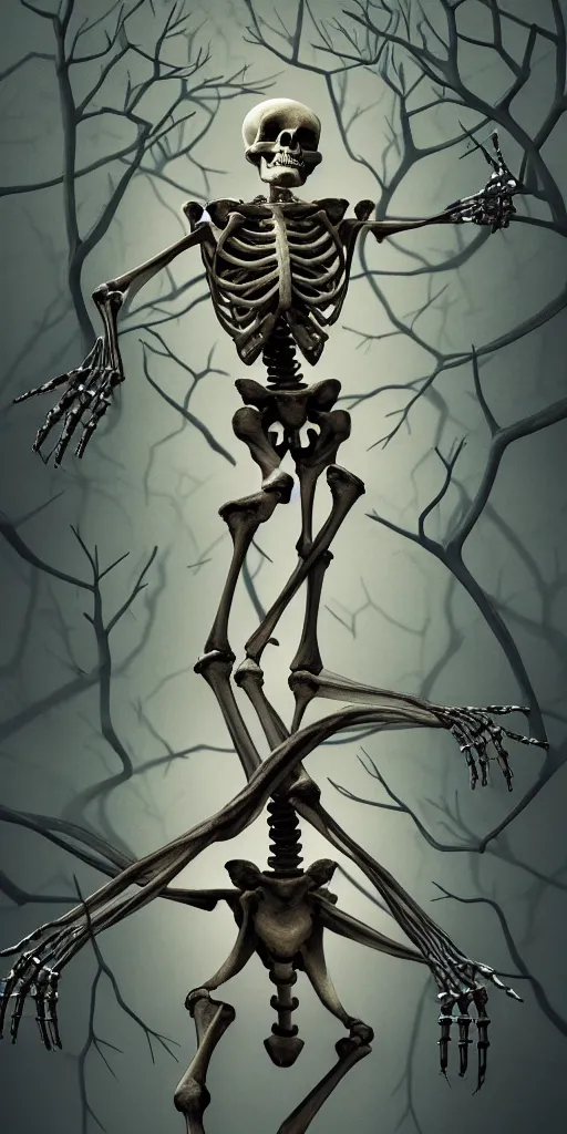 Prompt: a human skeleton slowly transforming into tree branches, matte oil painting, concept art, dnd, warm, clear, crisp, sharp, bones, branches, leaves, cosmic, award - winning, extremely detailed, 4 k, 8 k