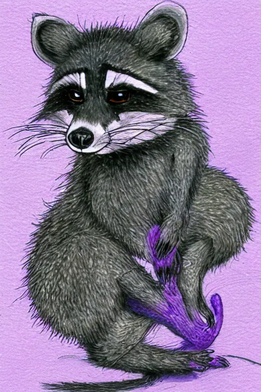 Prompt: purple stelar raccoon in the style of Yoshitaka Amano