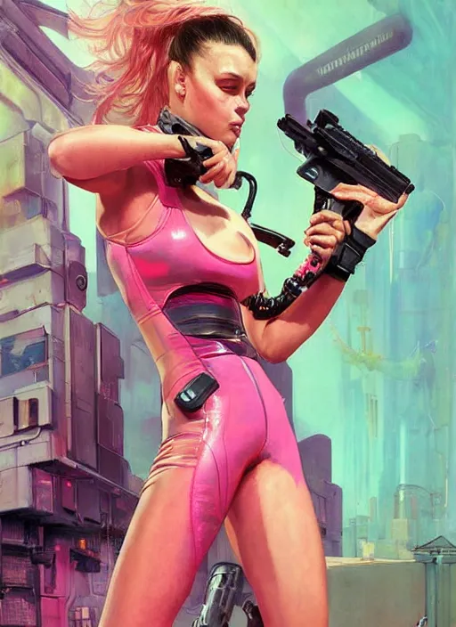 Image similar to beautiful cyberpunk female athlete in pink jumpsuit. lady firing a futuristic red automatic pistol with huge magazine. ad for pistol. cyberpunk poster by james gurney, azamat khairov, and alphonso mucha. artstationhq. gorgeous face. painting with vivid color, cell shading. ( rb 6 s, cyberpunk 2 0 7 7 )