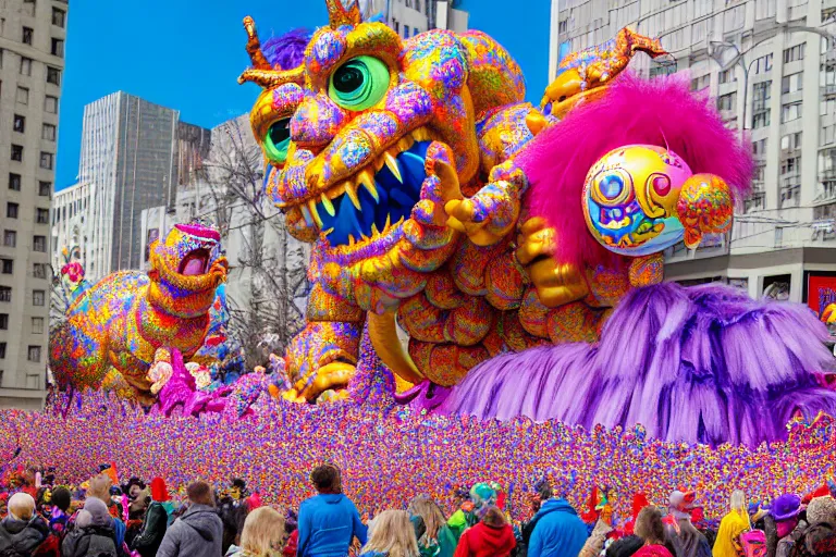 Image similar to photo of giant beautiful elaborate parade float monster designed by lisa frank and geof darrow, in the macys parade, detailed 4 k photo, gigapixel, hyperdetailed