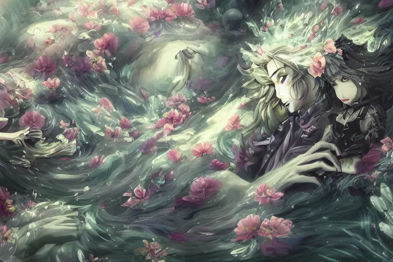 Image similar to dynamic composition, motion, ultra - detailed, incredibly detailed, a lot of details, amazing fine details and brush strokes, colorful and grayish palette, smooth, hd semirealistic anime cg concept art digital painting, watercolor oil painting of sea of flowers, in style of cytus and deemo, blue flame, relaxing, calm and mysterious vibes