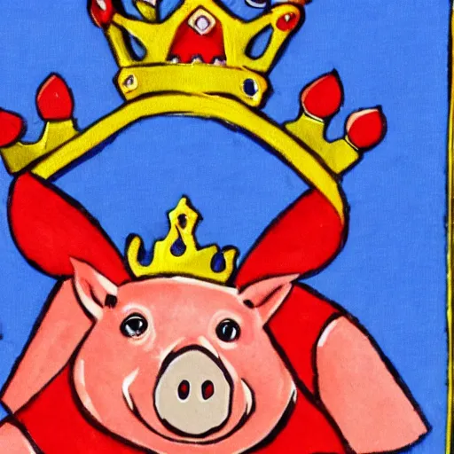 Prompt: a humanoid pig in red king robes wearing a crown holding a blue axe