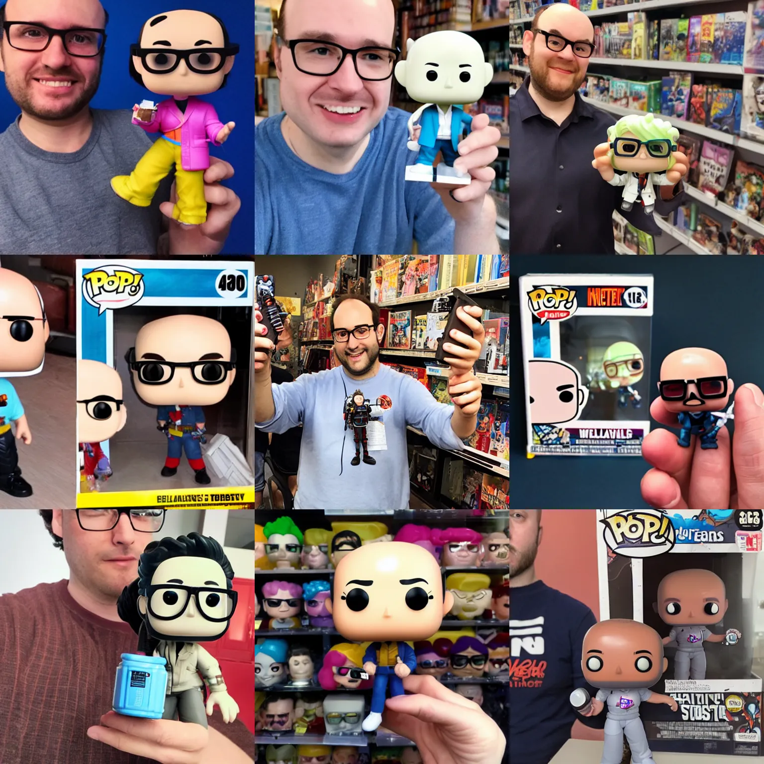 Prompt: an nerdy balding guy holding a female ghostbuster funko pop, selfie