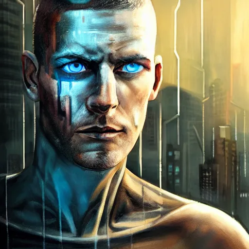 Image similar to cyberpunk, armitage, closeup portrait of a stoic ex soldier with a battlescar and light blue eyes, brown buzzcut, cyborg, dramatic light, city background, sunset, dystopian setting, high contrast, sharp, neuromancer, painted by stanley lau, painted by greg rutkowski, painted by stanley artgerm, digital art, trending on artstation