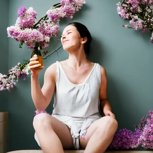 Prompt: a woman sitting in a bathroom drinking from a glass bottle with lilac flowers around her