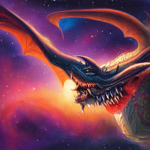 Image similar to A beautiful illustration of a dragon in space by Justin Gerard. The dragon is in the foreground with its mouth open, revealing rows of sharp teeth. Its body is coiled and ready to strike, and its tail is wrapped around a star in the background. The colors are bright and the background is full of stars and galaxies. The overall effect is one of chaotic energy and movement. metaphysical painting by Pete Turner realistic, ornate