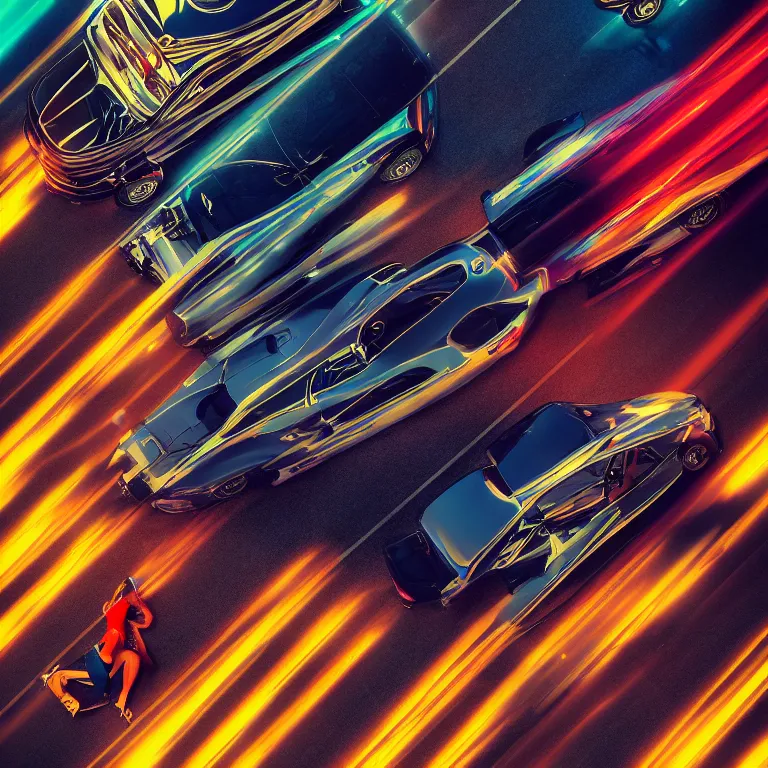 Image similar to street racing packshot by vermeer, highly detailed, saturated colors, fashion