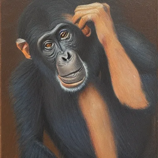 Prompt: Portrait of a Chimpanzee holding a camera in his hands, oil painting