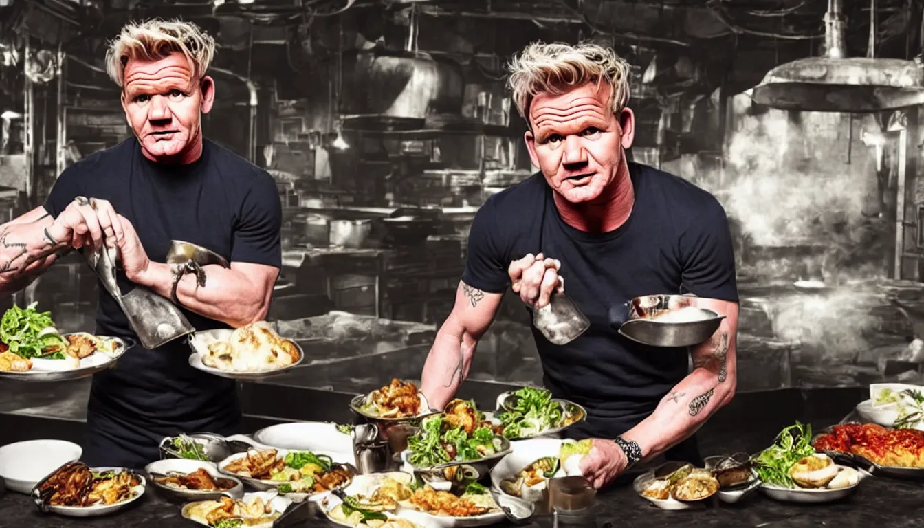 Image similar to gordon ramsay, food vendor, fallout, unreal engine 4