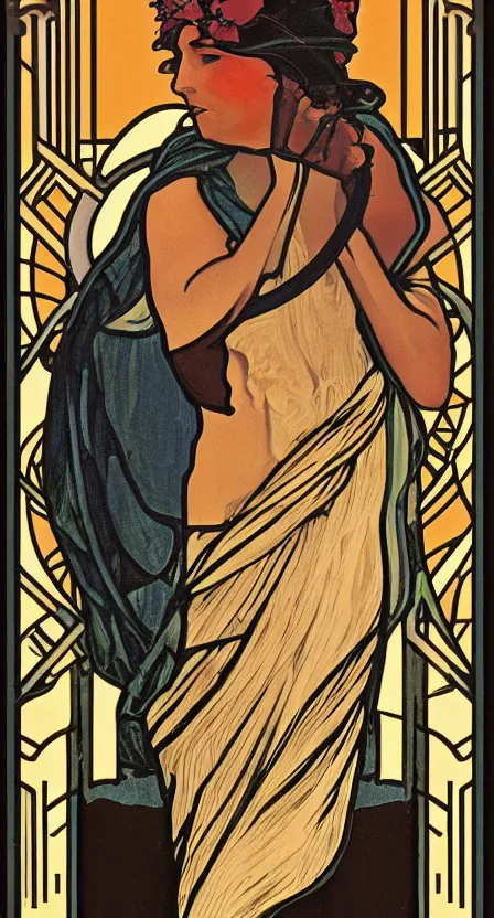 Prompt: a tarot card that depicts a person carrying a hobo sack walking off a cliff, illustrated in an art deco style by tamara de lempika and an elegant border by alphonse mucha. | studio lighting | digital painting, stunning lighting, trending on artstation