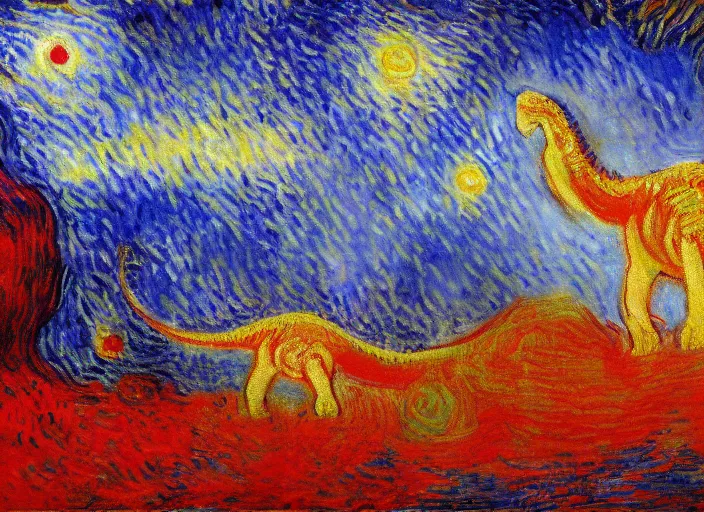 Image similar to painting of the extinction of the dinosaurs with asteroid and fire, in the style of claude monet and vincent van gogh, dramatic lighting red and blue