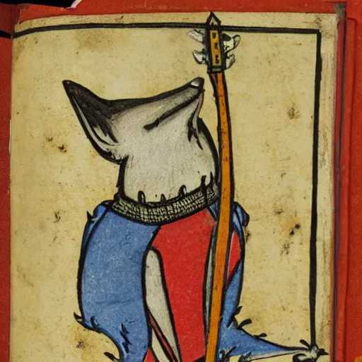Prompt: anthropomorphic fox who is a medieval knight standing steadfast towards a army of enemy knights, illuminated manuscript