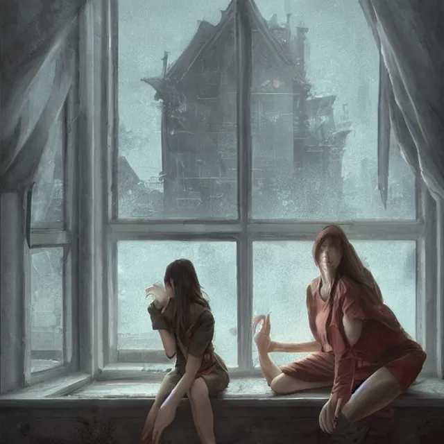 Image similar to window, eye, women, buildings, surprise, scared, couch by wlop, artgerm, greg rutkowski