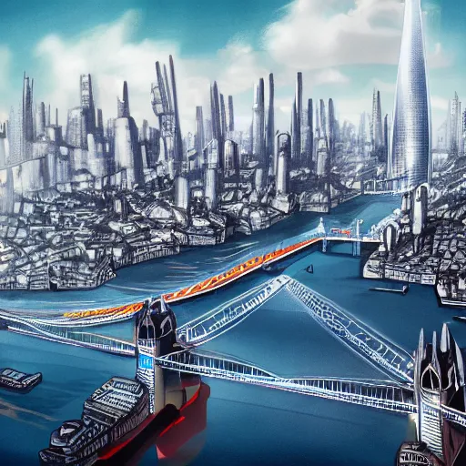 Prompt: futuristic cityscape, mega city, 2050, London, the Shard, Millennium Wheel, Tower Bridge, Thames River, ultrahigh detail, trending on artstation