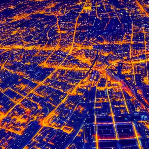 Image similar to an aerial view of a city at night, instagram contest winner, maximalism, glowing lights, vivid colors, circuitry