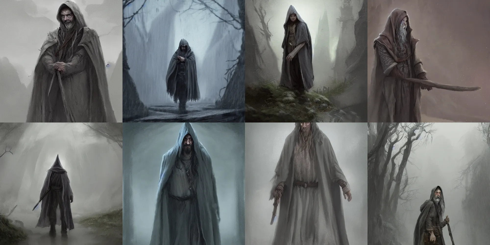 Prompt: a wandering, pale, sad wizard, dressed in a ragged, shabby grey traveling cloak. The background is a poor village in the rain, fantasy concept art by Claudio Tumiati and Ala Kapustka, trending on Artstation.