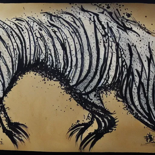 Prompt: extreme emotional movement of fience animal, ink painting, in style of thawan duchanee, high quality,