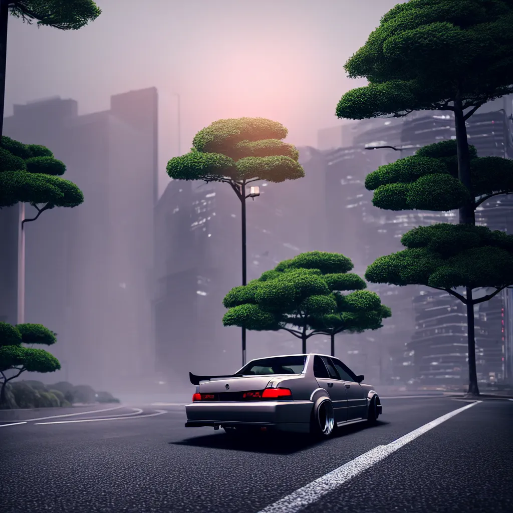 Prompt: car in center JZX100 twin turbo drift on a road, surrounded by trees and buildings in Tokyo prefecture, rooftops are Japanese architecture, city at sunset heavy mist over streetlights, cinematic lighting, photorealistic, detailed wheels, highly detailed, octane render