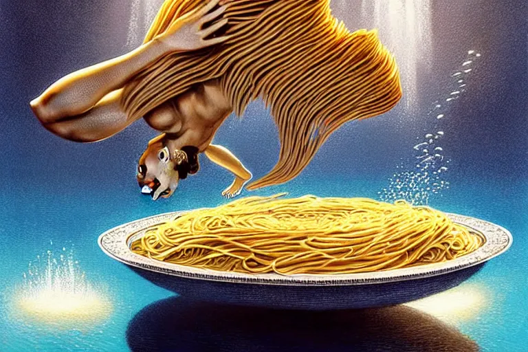 Image similar to olympic diver made of pasta diving into a pool of pasta, splash, art deco intricate ripples, fantasy, elegant, highly detailed, sharp focus, art by artgerm and beeple and greg rutkowski and wlop