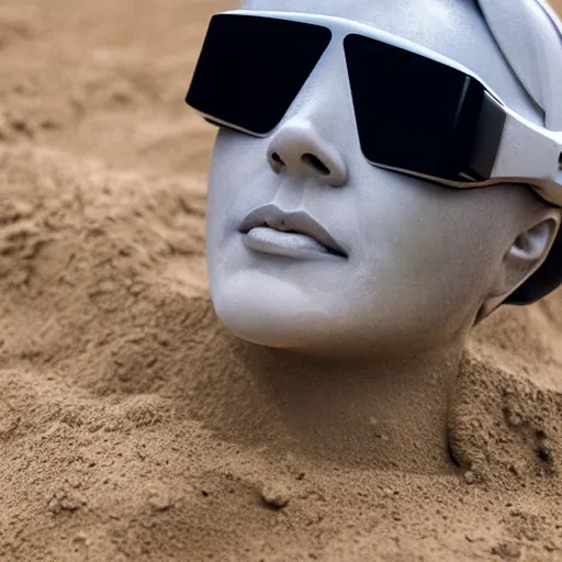 Image similar to the head of a marble cybernetic lady justice statue wearing a virtual reality headset on ground covered in sand, cyberpunk background, highly detailed, epic lighting, hyper photorealism, 8 k