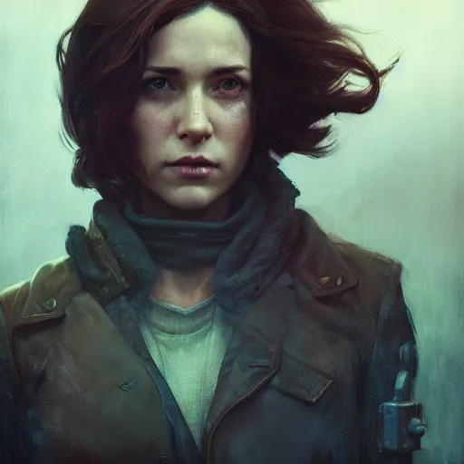 Image similar to fallout 5, charismatic brunette female protagonist, portrait, atmospheric lighting, painted, intricate, volumetric lighting, beautiful, daytime, sunny weather, slight overcast, sharp focus, deep colours, ultra detailed, by leesha hannigan, ross tran, thierry doizon, kai carpenter, ignacio fernandez rios