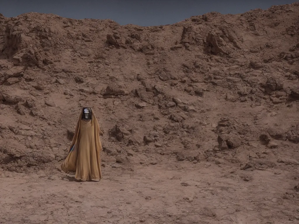 Image similar to levitating glowing bene gesserit in full - face golden mask in a dry rocky desert landscape, sunny atmosphere, fata morgana giant mirrors, portal, death stranding, abandoned city, spaceship in the sky by christopher doyle and alejandro jodorowsky, anamorphic lens, kodakchrome, cinematic composition, very detailed photo, complex structures, 8 k,