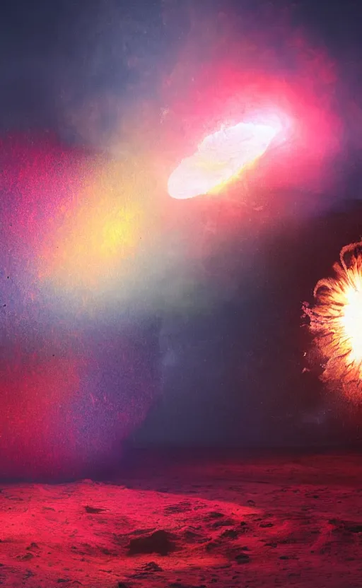 Prompt: high quality digital art of colorful fire works on the moon, in style of Greg Rutsowski, moon craters are visible, high quality cinematic lights, 8K octane render, art station