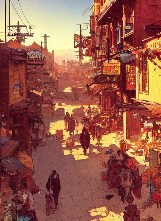 Image similar to beautiful scene commission of a bustling desert western town. Atmospheric. Renowned scene illustration by greg rutkowski, thomas kindkade, alphonse mucha, loish, norman rockwell. detailed, inked, western comic book art