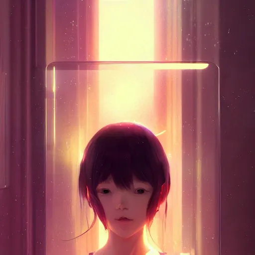 Prompt: very small little girl by ross tran, touching their reflection in the mirror sana takeda, rtx reflections, very high intricate details, digital anime art by artgerm, medium shot, mid - shot, composition by ilya kuvshinov, lighting by greg rutkowski