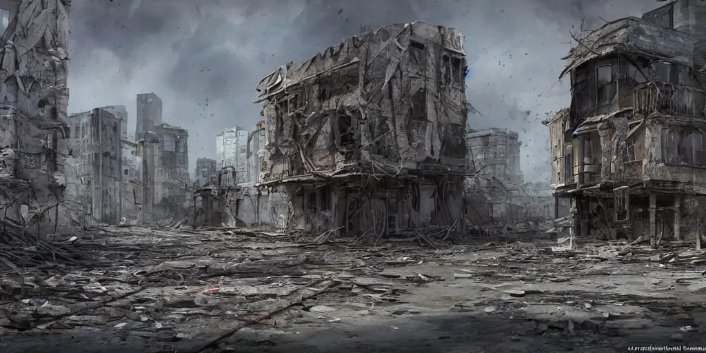 Image similar to dilapidated detailed buildings, beautiful concept art of donetsk during war