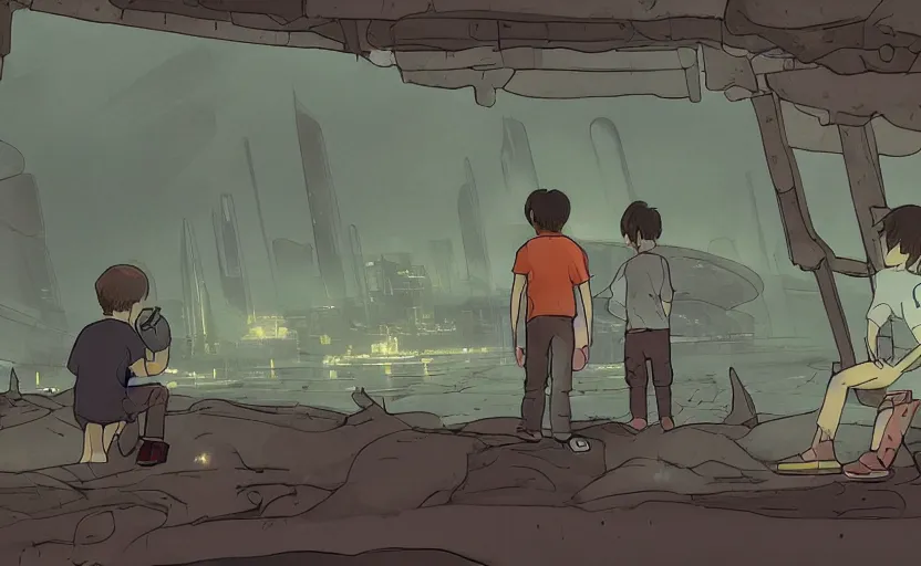 Prompt: highly detailed cell - shaded cartoon action scene with two boys looking at a miniature alien creature. 1 9 7 0 s science fiction, moody, misty, depth perception, 4 k, artstation, in the style of studio ghibli