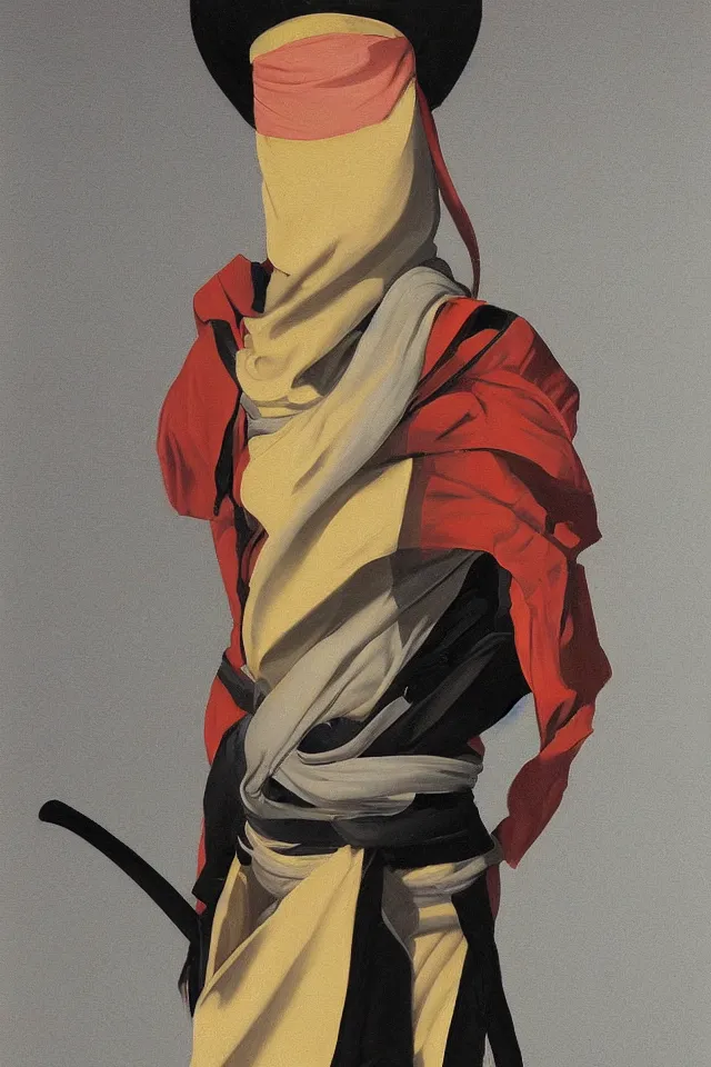 Image similar to sfumato renaissance oil painting of a ninja shaman, modern minimal isei miyake outfit, in the style of syd mead, jeremy cowart, concept art