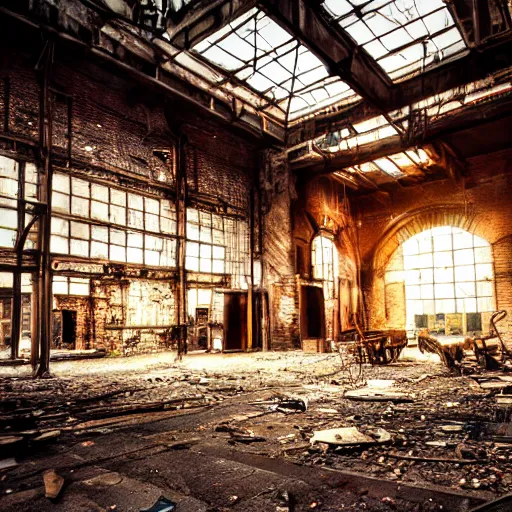 Image similar to abandoned steampunk factory with a cello, cinematic light,