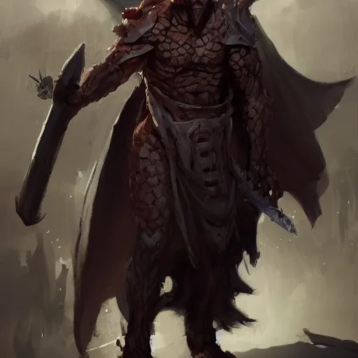 Image similar to character concept of a draconid in simple robes, carrying a war hammer, big, scars on face, half dragon half human, by greg rutkowski, trending on art station, character concept art