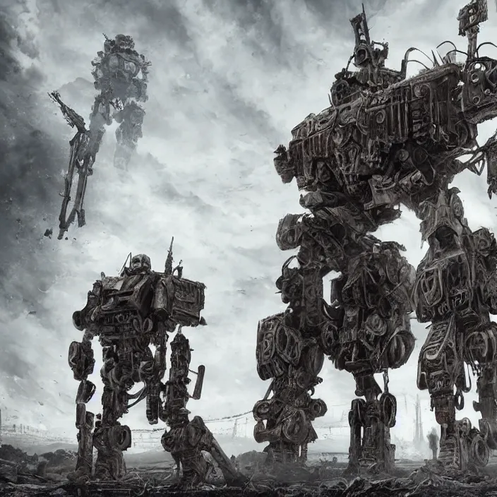 Image similar to gritty apocalyptic scene of human standing next to mech - warrior, hyper - detailed, sharp focus, 4 k ultra hd, fantasy dark art, apocalyptic art