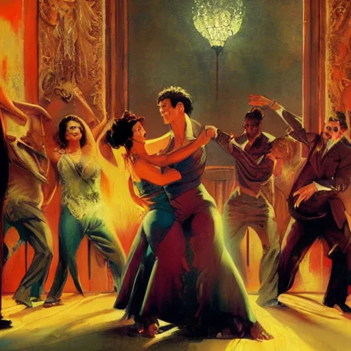 Image similar to latin dance band saturated colors, cinematic, vallejo, frazetta, greg rutkowski, rowena morrill, juan gimenez