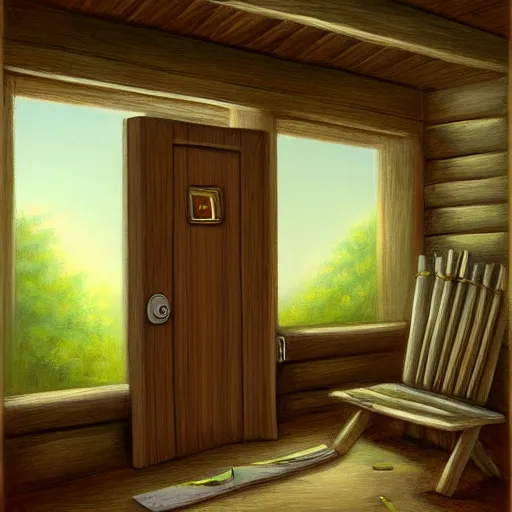 Image similar to a painting of a notepad that is also a door to a cottage in the woods, trending on artstation, detailed digital art, aesthetic!!!!,