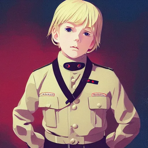 Prompt: portrait of blonde little boy wearing nazi uniform by ilya kuvshinov and anna dittmann and studio ghibli and wlop and rossdraws, digital art, trending on artstation, anime arts, featured on pixiv, red lighting, hd, 8 k, highly detailed, good lighting, beautiful, epic, masterpiece, nazi chiq