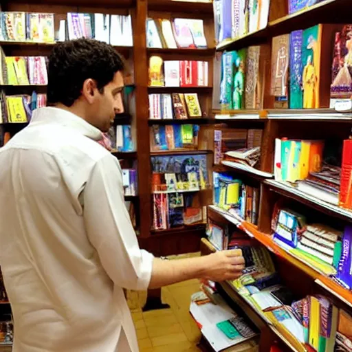 Image similar to Italian/Irish guy in kurta as a cashier in the bookstore at a Hindu ashram