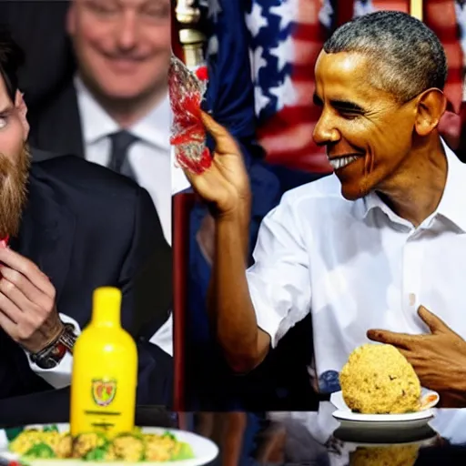 Prompt: Messi and Obama eat hummus and falafel