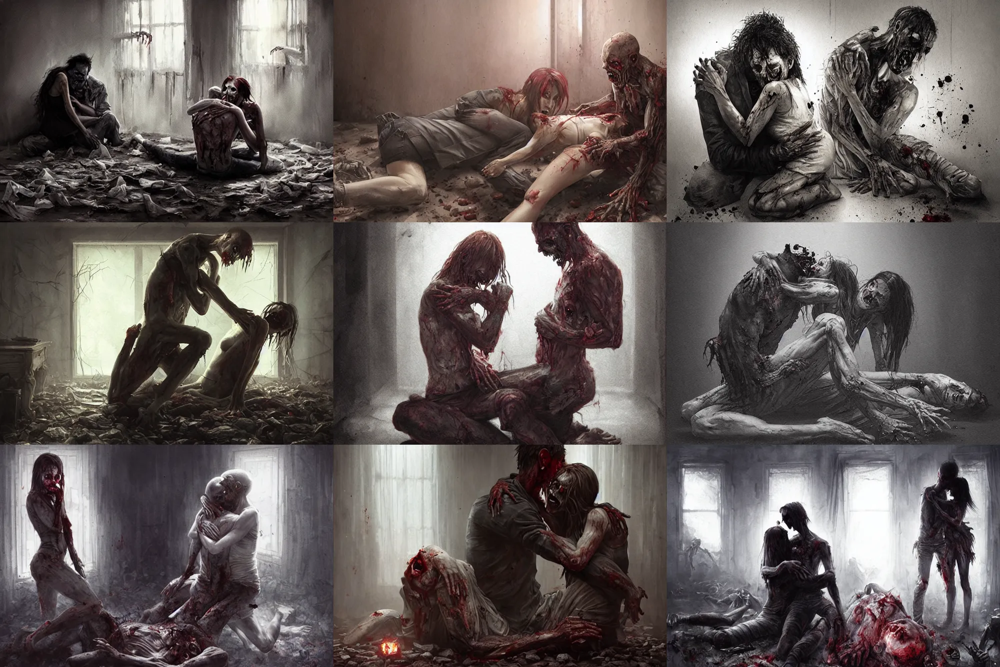 Prompt: zombie man sitting on the floor while devouring a woman, hugging each other in the darkness, eerie living room of a modern house, night, finely detailed, art by artgerm and greg rutkowski and magali villeneuve