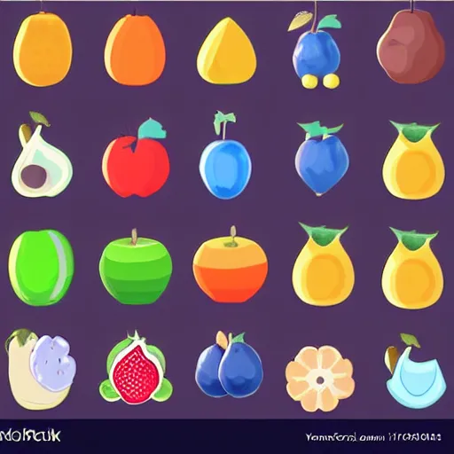 Image similar to cute chubby blue fruits icons for mobile game ui
