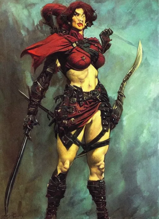 Image similar to portrait of strong female ranger, beautiful! coherent! dungeons and dragons character, by frank frazetta, by brom, strong line, deep color, leather armor, short buzzed hair, high contrast