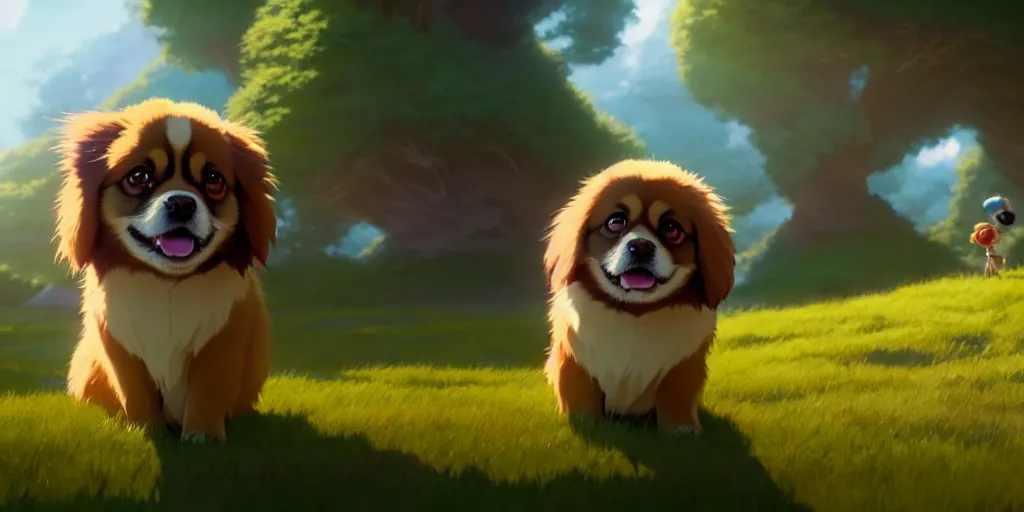 Image similar to a wholesome animation key shot of a tibetan spaniel, studio ghibli, pixar and disney animation, sharp, rendered in unreal engine 5, anime key art by greg rutkowski, bloom, dramatic lighting